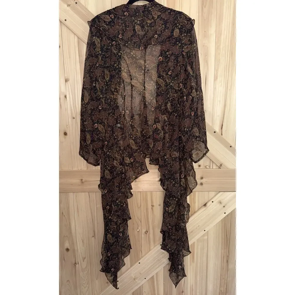 Free People Sheer Ruffle Brown Paisley Y2K Boho High Low Duster Cover Up Sz M/L